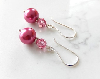 Hot Pink Pearl Earrings, Bridal Drop Dangles, Sterling Silver