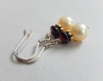 Garnet Pearl Earrings, Burgundy Dangle Earrings