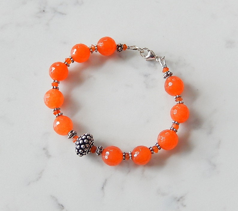 Orange Jade Bracelet, Tangerine Orange, Beaded Bali Silver Jewelry image 4
