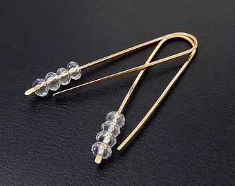 Crystal Quartz Ear Threader Earrings, Minimalist Wire Dangles, Gold Fill Beaded Threaders