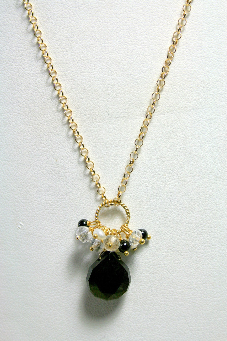 Black Teardrop Necklace, Onyx Gemstone Drop, Pearl, Quartz Cluster