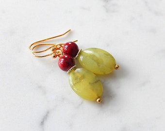 Olive Green Jade Earrings, Red and Gold Serpentine Dangles