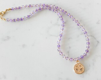 Amethyst Peace Necklace, Purple Beaded Short Necklace, Layering Jewelry