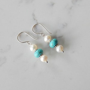 Pearl and Turquoise Earrings, Wagnerite Blue Stack Earrings, Stone Dangles, Sterling Silver image 5