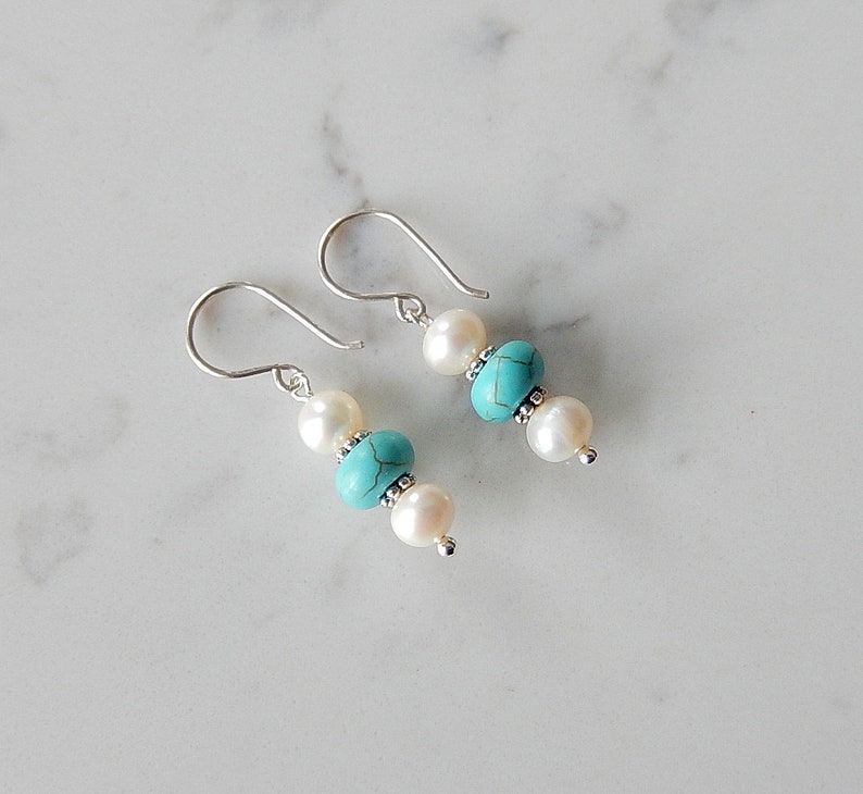 Pearl and Turquoise Earrings, Wagnerite Blue Stack Earrings, Stone Dangles, Sterling Silver image 5