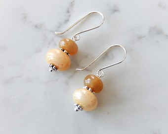 Light Brown Agate Earrings, Stacked Stone Dangles, Sterling Silver