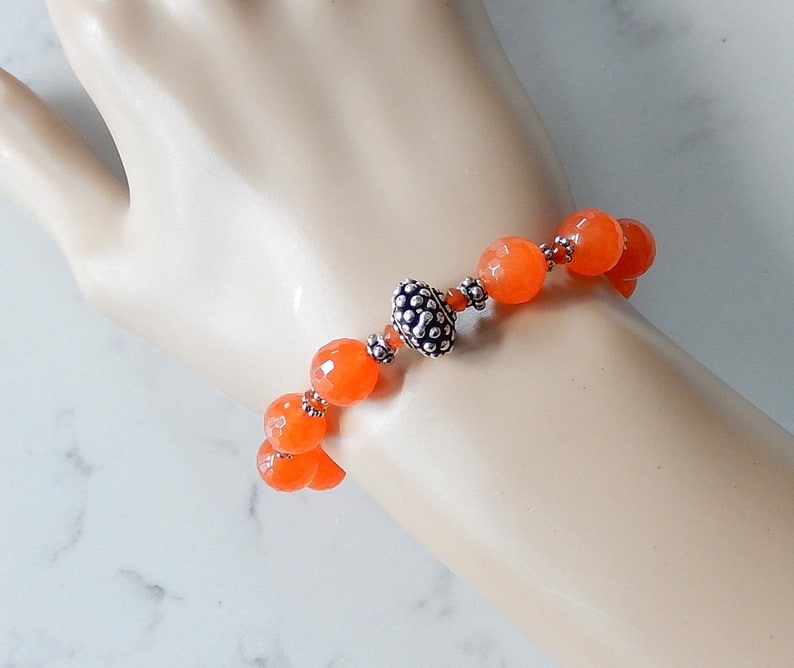 Orange Jade Bracelet, Tangerine Orange, Beaded Bali Silver Jewelry image 2