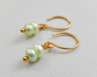 Petite Green Pearl Earrings, Gold Brass Dangles