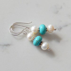 Pearl and Turquoise Earrings, Wagnerite Blue Stack Earrings, Stone Dangles, Sterling Silver image 3