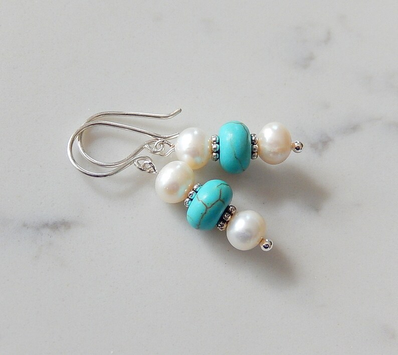 Pearl and Turquoise Earrings, Wagnerite Blue Stack Earrings, Stone Dangles, Sterling Silver image 3