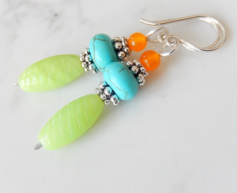 Multicolor Stone Earrings, Colorful Turquoise Stack Earrings, Lime Green Earrings, Sterling Silver image 2