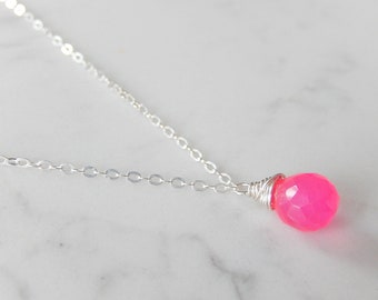 Pink Chalcedony Teardrop Necklace in Sterling Silver, Delicate Drop Necklace