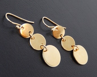 Gold Disc Dangle Earrings, Graduated Brass Circle Earrings