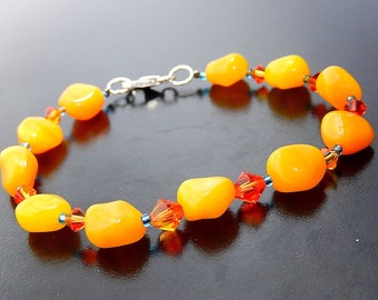 Orange Bracelet, Beaded Bracelet, Orange and Yellow,  Blue Seed Bead Bracelet, Tangerine Swarovski Jewelry