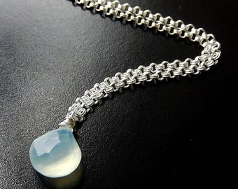 Mint Chalcedony Necklace, Aqua Teardrop Silver Plated Jewelry