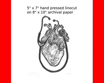 Original linocut handpulled print - "Listen To Your Heart" - Archival ink and paper