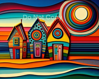 Gigantic Beach Huts Poster, INSTANT DOWNLOAD, colourful seaside poster, beach aesthetic, summer vibes art, abstract art, beach wall art