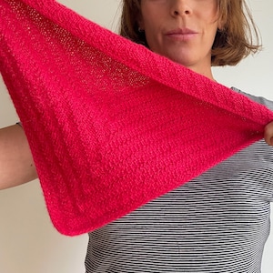 May include: A bright pink knitted scarf with a delicate openwork pattern.