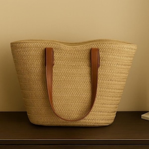 Woven Straw Tote Bag with Leather Handles – Large Summer Beach Bag with Inner Pockets
