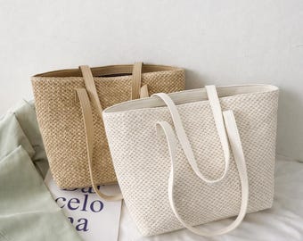 Woven Straw Tote Bag – Minimalist Summer Handbag, Lightweight Beach & Everyday Shopper Purse
