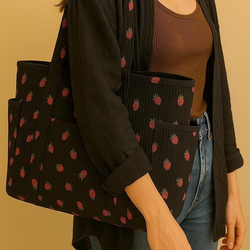 May include: Black tote bag featuring a repeating pattern of red strawberries. The bag has two external pockets and a structured design. The tote is made of a quilted fabric with a matching strawberry pattern.