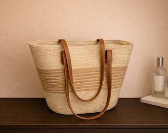 Striped Woven Straw Tote Bag, Minimalist Summer Shoulder Bag, Everyday Shopper