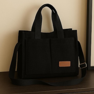 Canvas Tote Bag with Pockets – Neutral Corduroy Shoulder Handbag, Everyday Casual Crossbody