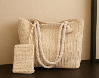Bolso de paja con asas de cuerda y funda para teléfono – Bolso de playa de verano