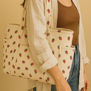 May include: Cream tote bag featuring a repeating pattern of red strawberries and green leaves. The bag has two external pockets and a structured design. The bag is made of a quilted fabric.