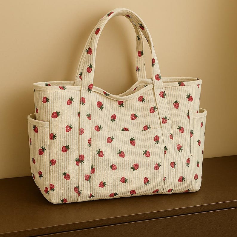 May include: Cream-coloured tote bag featuring a pattern of red strawberries and green leaves. The bag has two exterior pockets and a large interior compartment. The handles and exterior are made of a ribbed fabric.