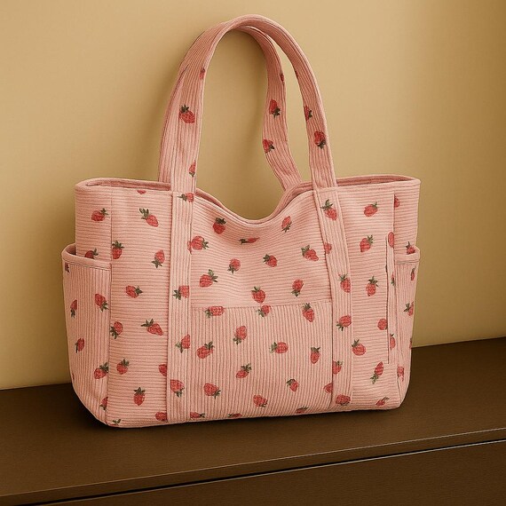 Strawberry Tote Bag – Corduroy Shoulder Bag, Canvas Handbag with Pockets, Korean Style