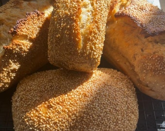 Einkorn Sourdough Bread, Buttered Toasted Sesame, High Hydration Loaf, Organic Fresh Milled Einkorn Ancient Grain Blend, Long Fermentation