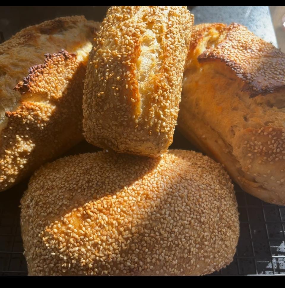 Toasted Break Long Einkorn Sourdough Bread, Buttered Toasted Sesame, High Hydration Loaf ...