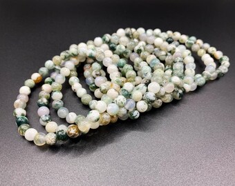 Tree Agate Crystal Bracelet | 6 mm Beads | Natural | Genuine | Gemstones | Handmade | Stretchy | Women | Gift