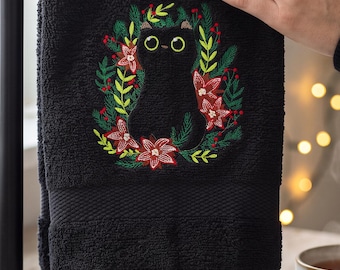 Black Cotton Christmas Hand Towel, Embroidered Botanical Hidden Cat