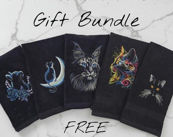 Embroidered Cat Hand Towel Gift Bundle Set of 5