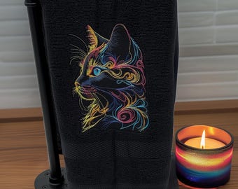 Embroidered Colorful Cat Profile Hand Towel
