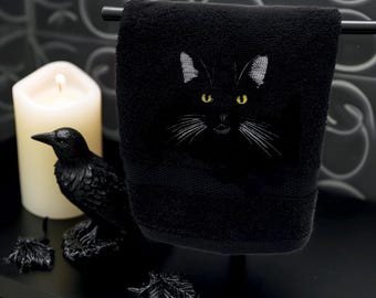 Embroidered Black Cat Face Hand Towel with optional personalization