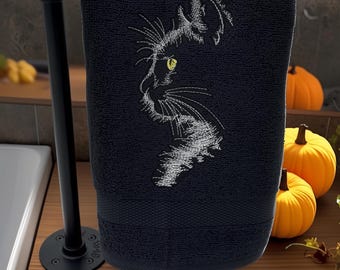 Embroidered Black Cat Profile Hand Towel