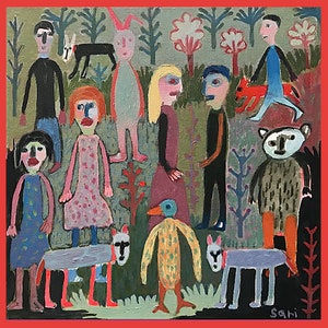 DOGS Painting / Figurative  Painting / Figurative Art / 16"x16" Painting /BEAR Painting / BUNNY PaInting / Original Painting '#1652