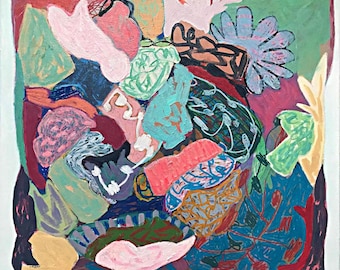 May include: Abstract painting with a square format. The artwork features a vibrant mix of colors, including pink, blue, green, and red. The composition is a collage of shapes and forms, with visible brushstrokes and a textured appearance. The artist's signature is in the bottom right corner.