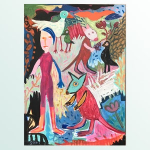 KÄNGURU Malerei / Figurative Landschaft / Figurative Kunst / Zeitgenössische Malerei / Vögel Malerei / Mixed Media / Original Gemälde #1679