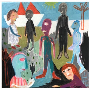 Figuratives Original Gemälde / Figurative Kunst / Quadratisches Bild 30x30 cm / Landschaftsmalerei / Familie / Eine Blume 4U / Boot #1596