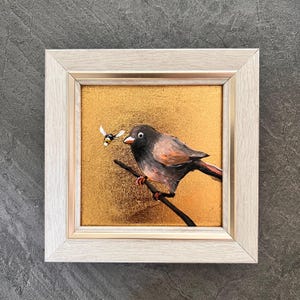 Bird Vintage painting/ Bird Wall Art / Bird Painting On Gold Leaf/ Tiny Painting/ Mini Bird Painting