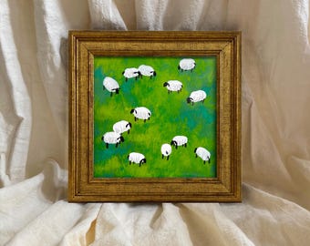 Hand Painted Vintage Sheep Landscape Original Oil Painting. Farmhouse Decor