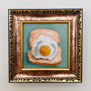 Fried Eggs with Bread - small breakfast/ Small food oil painting/ Small oil painting in frame/ Dining room decoration