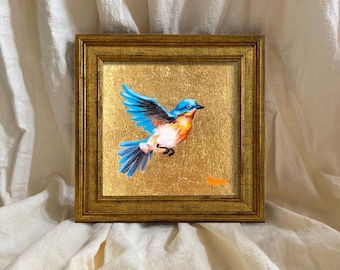 Dipinto ad olio di un uccello dipinto a mano su foglia d'oro, Freedom Painting