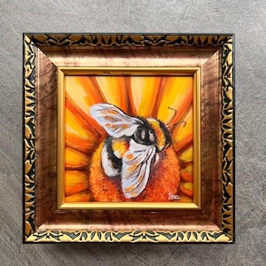 Bee painting/ Bee tiny painting/ Bee artwork framed handmade miniature/ Painting for Gift/ Farmhouse painting/Farmhouse Kitchen Wall Art