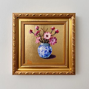 Vase oil painting 5&#39;x5&#39; in frame, Painting on gold leaf/ vase painting on gold background/ Original miniature painting Small kitchen art