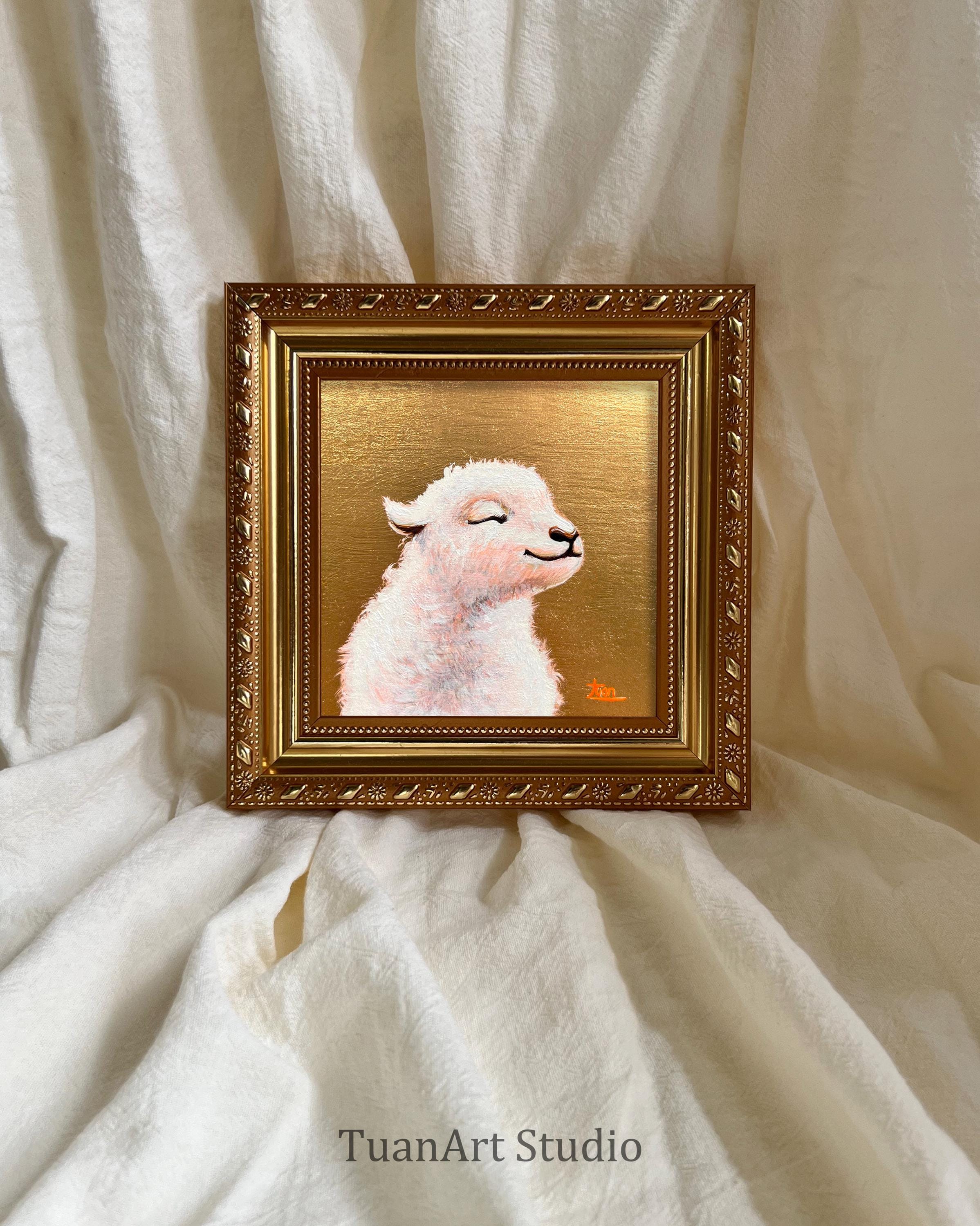手描きの羊の絵、農場の動物のアート、小さな額装アート作品 - Etsy 日本